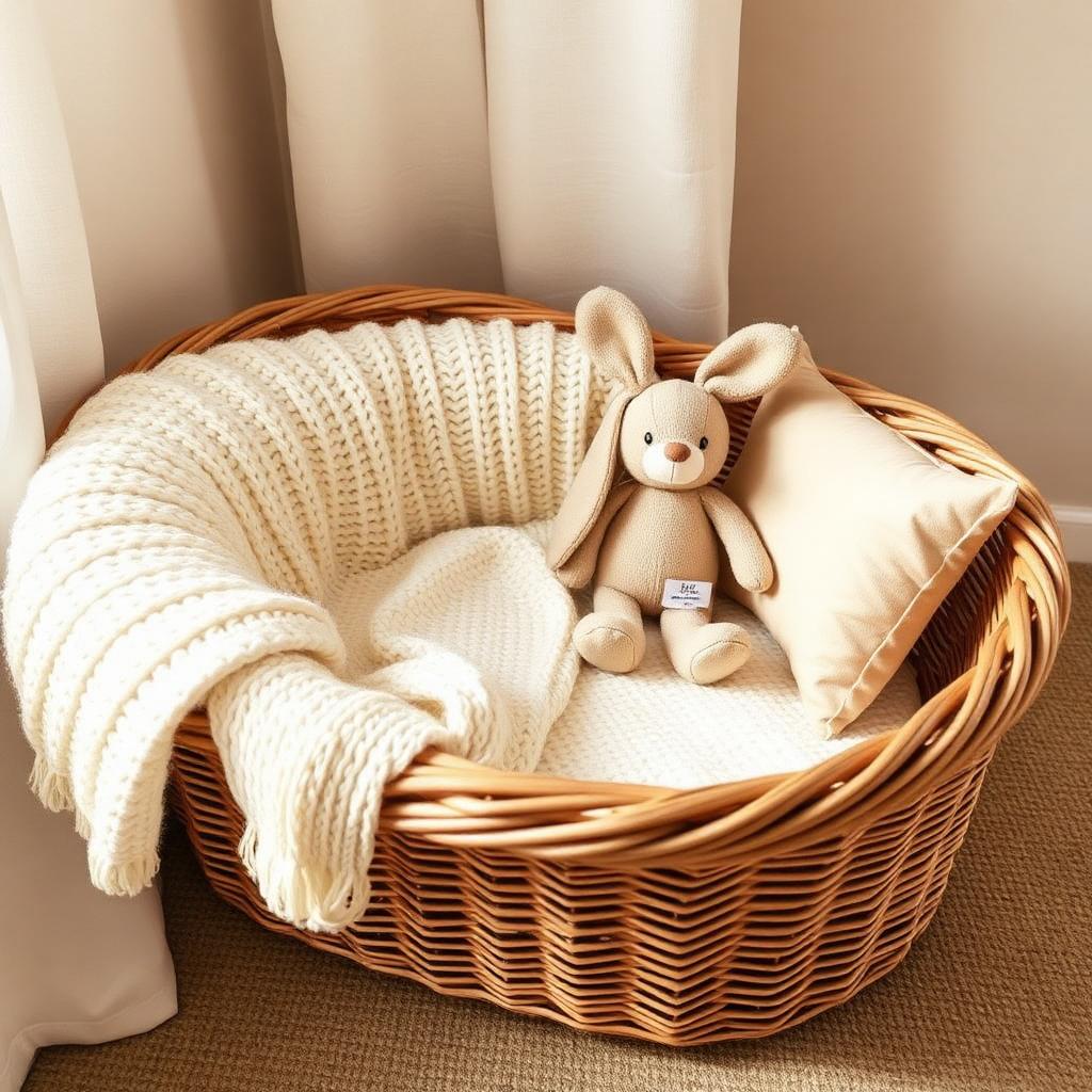 A cozy neutral nursery basket with knit blanket and plush bunny